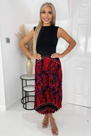 Black And Red Printed 2 in 1 Pleated Skirt Midi Dress