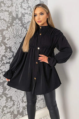 Black Long Sleeve Gathered Detail Button Up Top