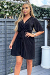 Black Wrap Top Belted Short Sleeve Plisse Mini Dress