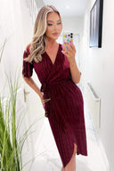 Wine Wrap Top Belted Short Sleeve Plisse Midi Dress