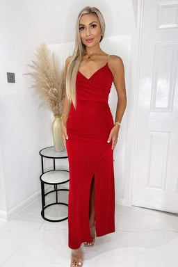 Red Wrap Top Ruched Side Chain Strap Midi Dress