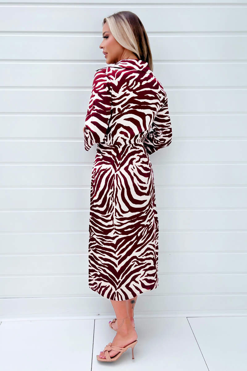 Burgundy Animal Print Button Top Gathered Side Midi Dress