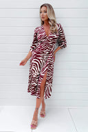 Burgundy Animal Print V Neck Midi Dress With Split