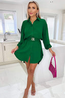 Green Belted Long Sleeve Shirt Dress
