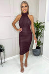 Plum Shimmer High Neck Ruched Bodycon Midi Dress