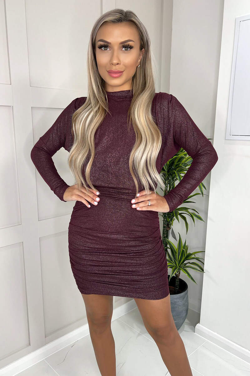 Plum Long Sleeve Ruched High Neck Shimmer Bodycon Mini Dress