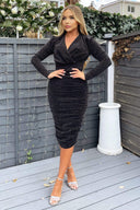 Black Shimmer Long Sleeve Wrap Top Ruched Midi Bodycon Dress