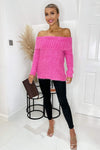 Hot Pink Wide Roll Neck Long Sleeve Fluffy Knitted Jumper