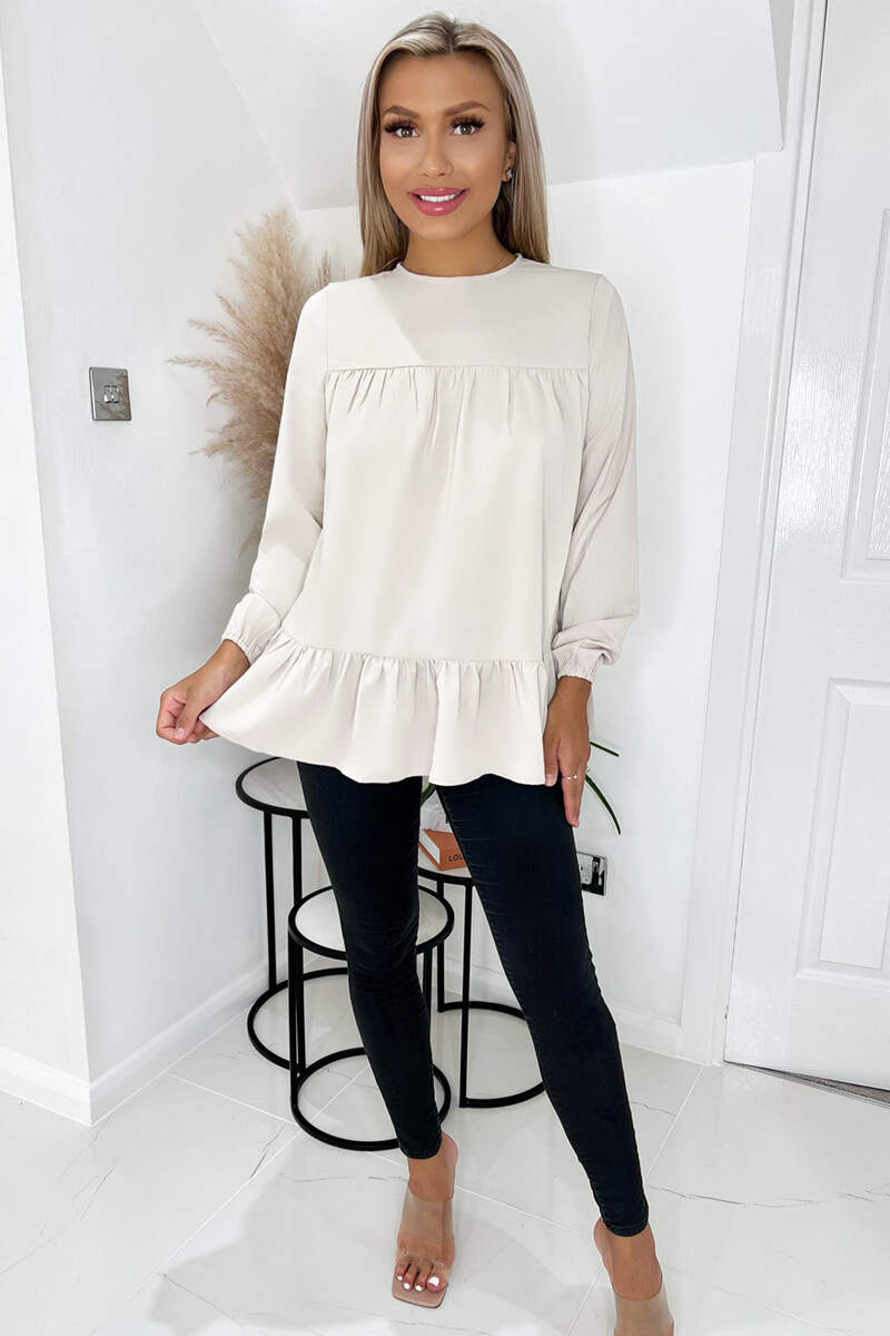 Stone Long Sleeve Round Neck Smock Top