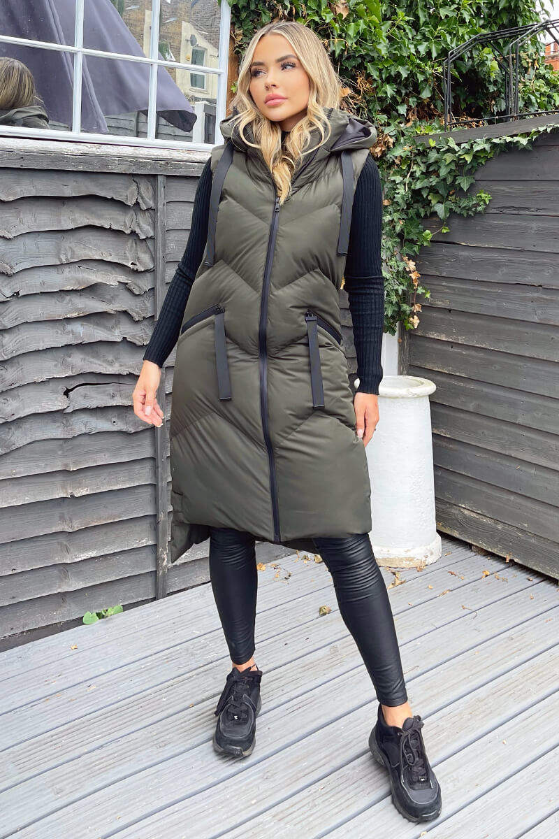 Khaki Hooded Zip Up Gilet