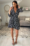 Black Printed Long Sleeved Wrap Dress