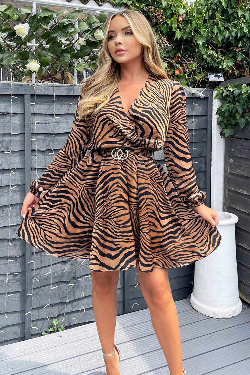 Camel Zebra Print Wrap Skater Dress