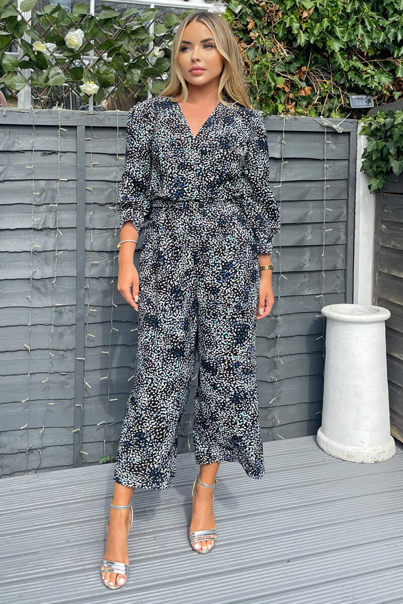 Black And Blue Printed Belted Long Sleeve Jumpsuit