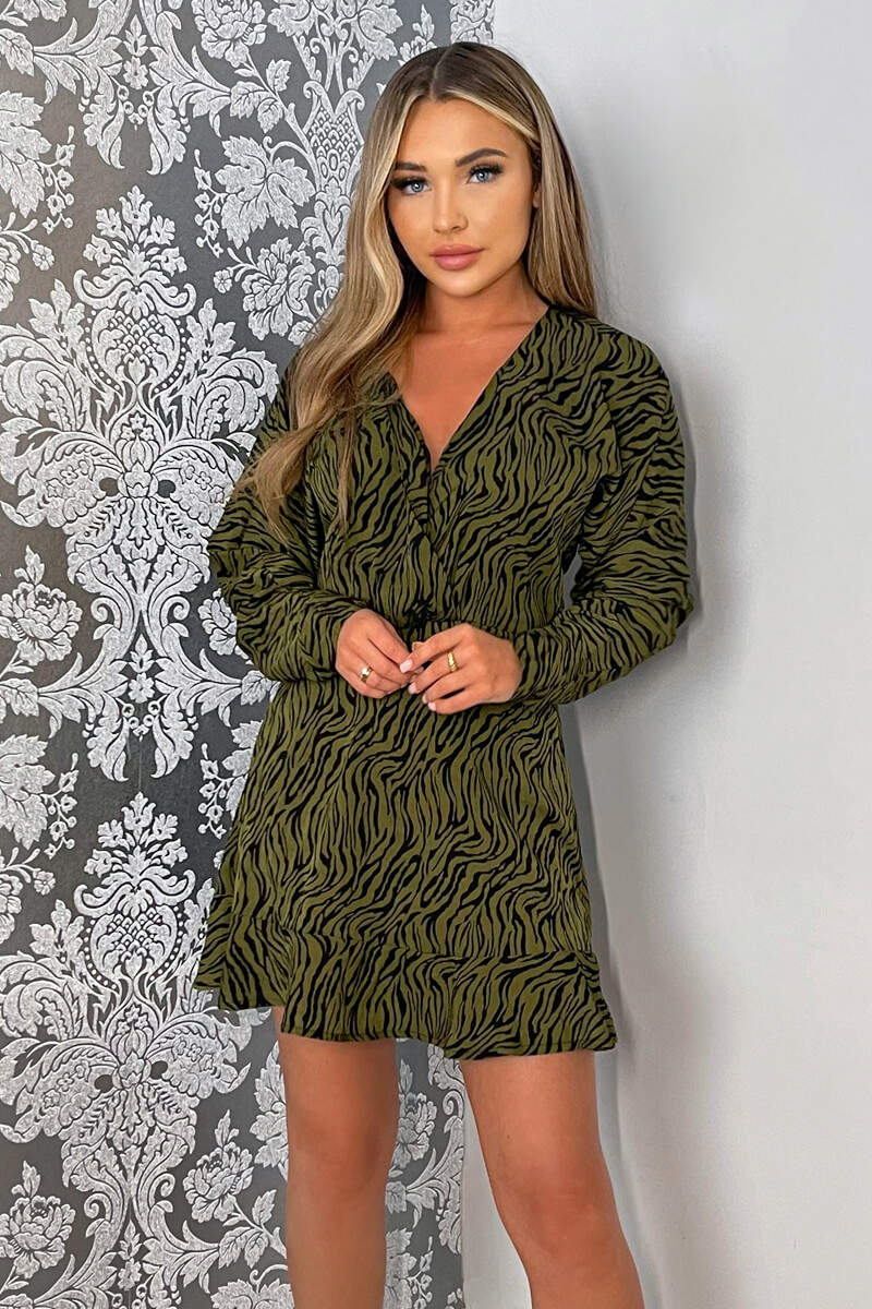 Khaki Animal Print Long Sleeve Mini Skater Dress