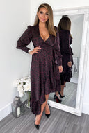 Plum Animal Print Long Sleeve Wrap Over Frill Hem Midi Dress