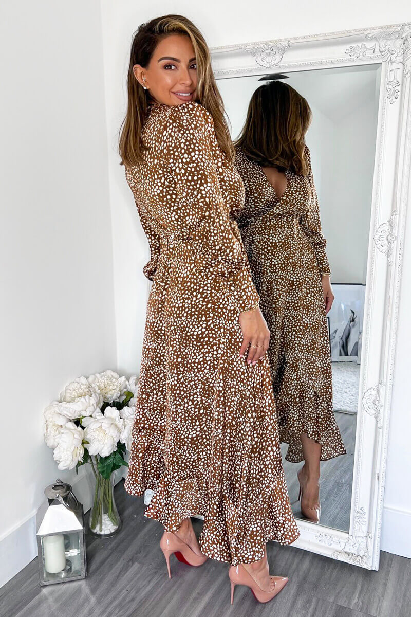 Brown And Cream Printed V-Neck Long Sleeve Midi Dress