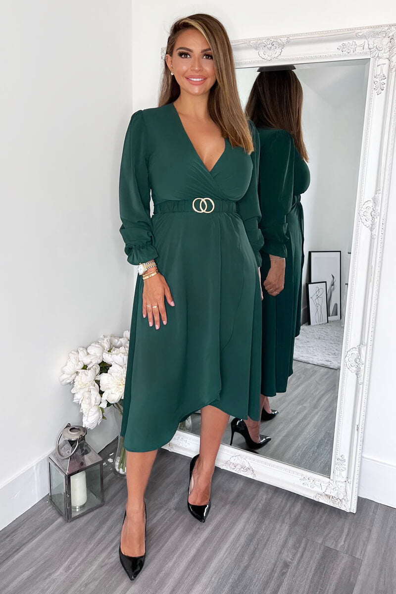 Teal Long Sleeve Belted Midi Dress