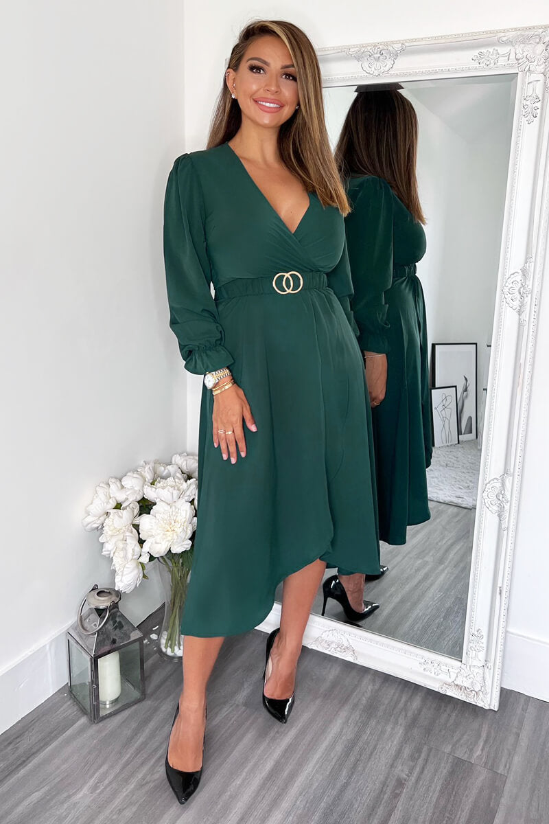 Teal Long Sleeve Belted Midi Dress