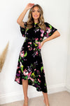 Black Floral Printed Short Sleeve Gathered Side Midi Dress