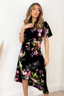 Black Floral Printed Short Sleeve Gathered Side Midi Dress