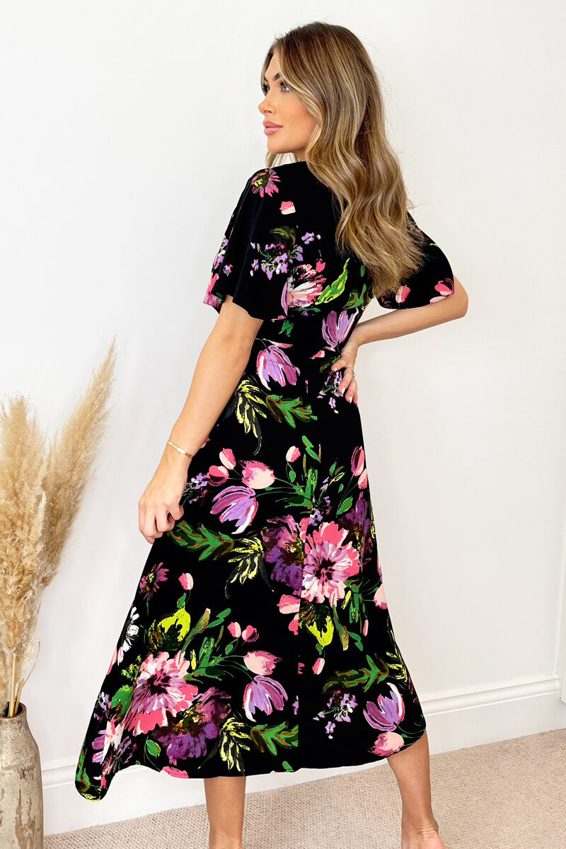 Black Floral Printed Short Sleeve Gathered Side Midi Dress