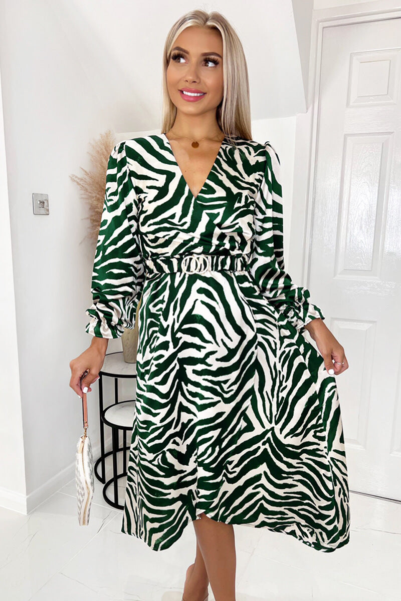 Green Animal Printed Belted Midi Dress