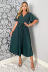 Teal Belted Pleated Skirt Midi Dress