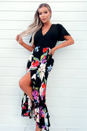 Multi Floral Printed 2 in 1 Short Sleeve Frill Hem Midi Dress