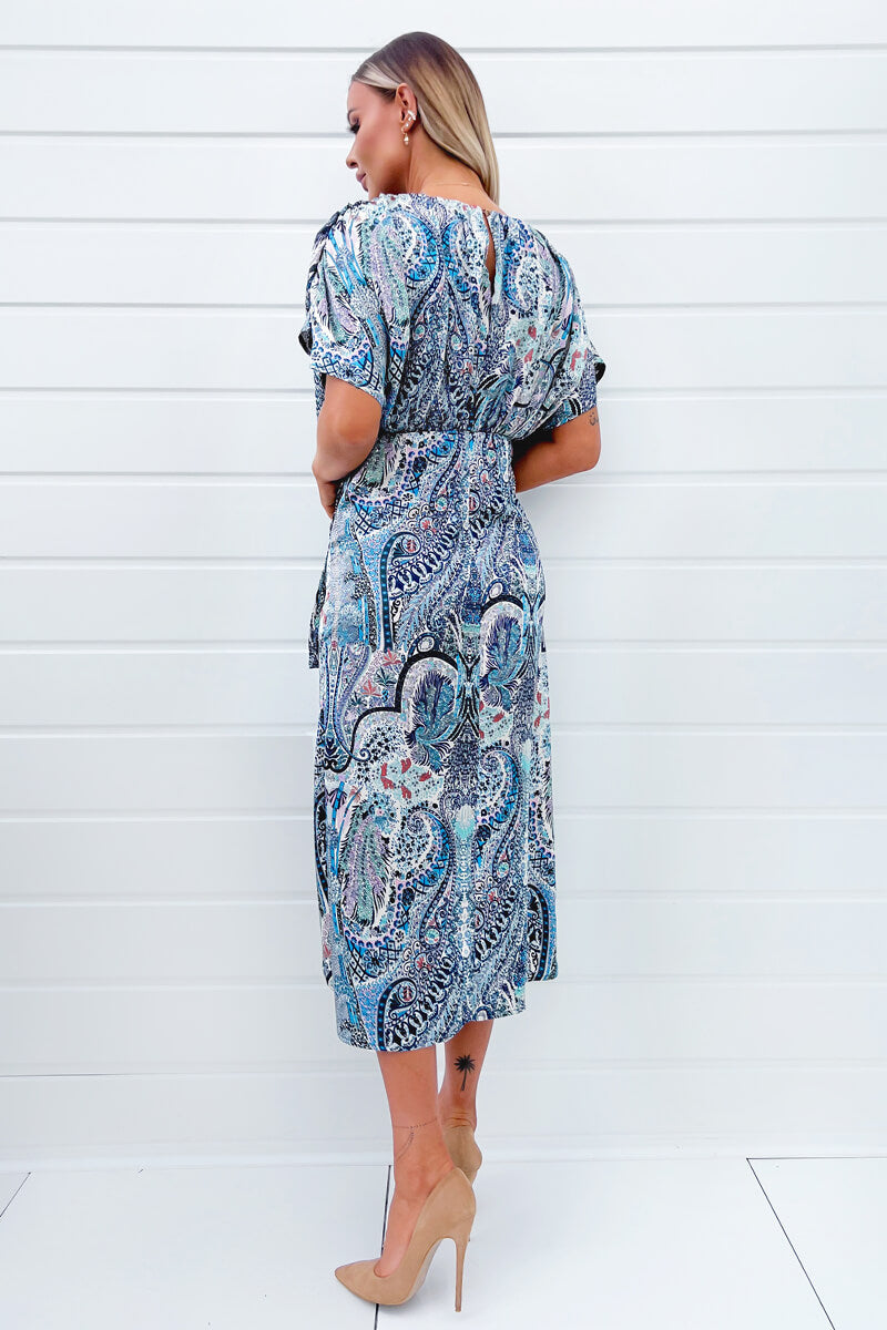 Blue Paisley Printed High Low Midi Dress