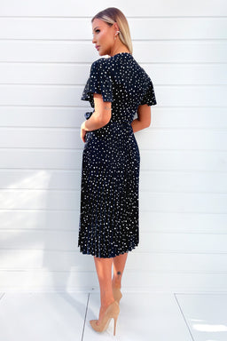 Navy Polka Dot Wrap Top Belted Pleated Midi Dress