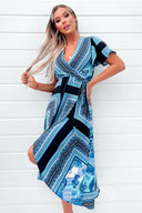 Blue Scarf Printed Short Sleeve Wrap Midi Dress