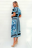 Blue Scarf Printed Short Sleeve Wrap Midi Dress