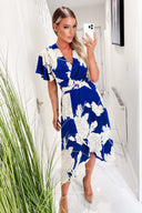 Blue And Cream Floral Printed Short Sleeve Belted Midi Dress