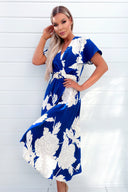 Blue And Cream Floral Printed Short Sleeve Belted Midi Dress