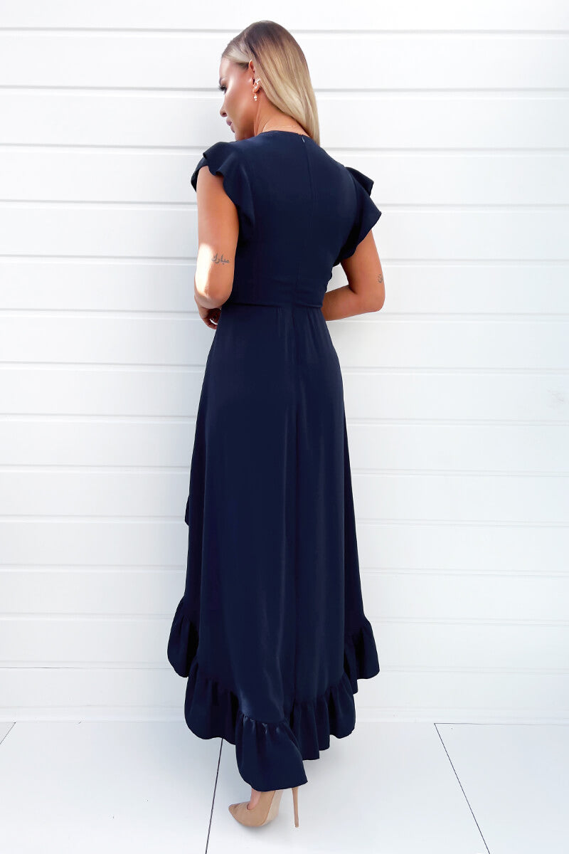 Navy High Low Frill Hem V Neck Midi Dress