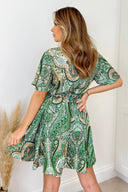 Green Printed Short Sleeve Belted Mini Skater Dress