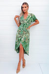 Green Paisley Printed V-Neck Belted Wrap Midi Dress