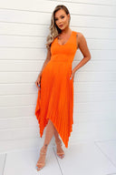 Blood Orange V-Neck Pleated Skirt Midi Dress