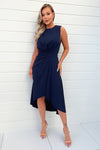 Navy Gathered Midi Dress With Shoulder Pads