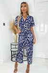 Navy and Cream Printed Wrap Top Short Sleeve Belted Jumpsuit
