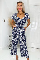 Cream Pink And Navy Animal Print Short Sleeve Tie Front Jumpsuit