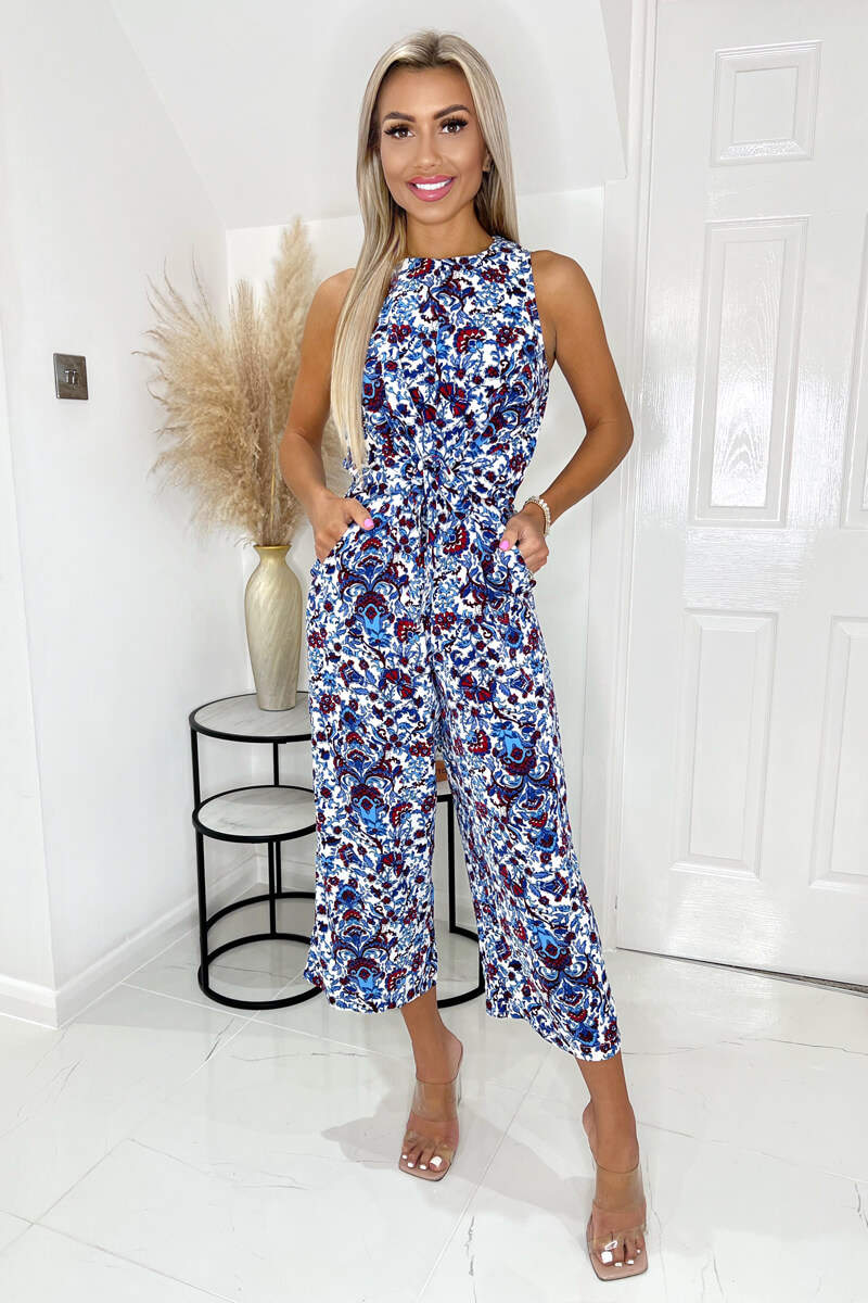 Blue And Red Floral Printed Knot Front  Round Neck Jumpsuit