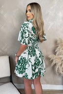 Cream And Green Printed Tie Waist Short Sleeve Button Up Mini Skater Dress
