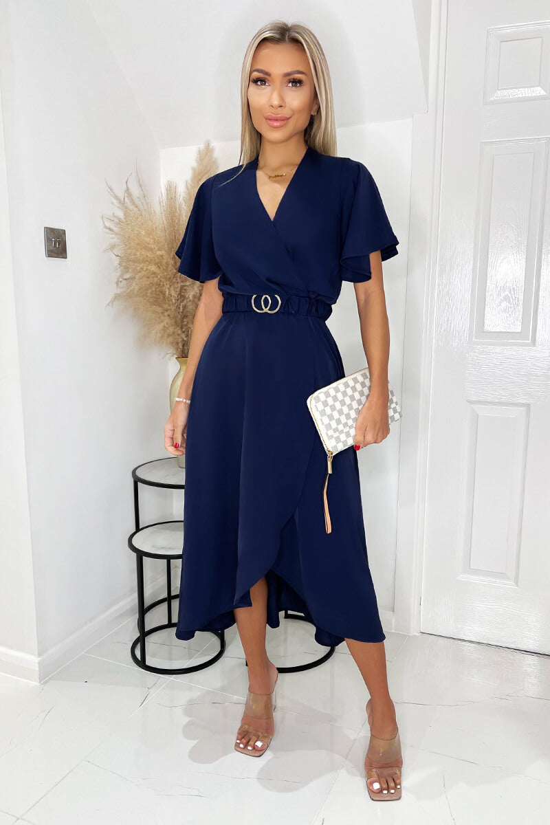 Navy Short Sleeve Belted Wrap Midi Dress