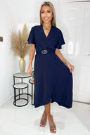 Navy Short Sleeve Belted Wrap Midi Dress