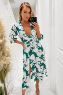 Green And White Floral Print Wrap Top Midi Dress