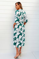 Green And White Floral Print Wrap Top Midi Dress