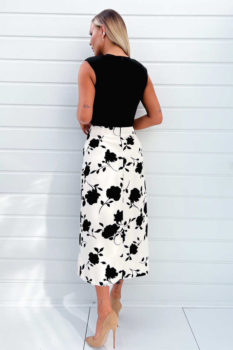 Black And Cream 2 In 1 Floral Printed Midi Dress