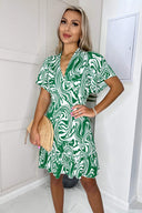 Green And White Printed V Neck Short Sleeve Ruffle Hem Mini Dress