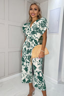 Cream And Green Printed Wrap Over Tie Waist Jumpsuit